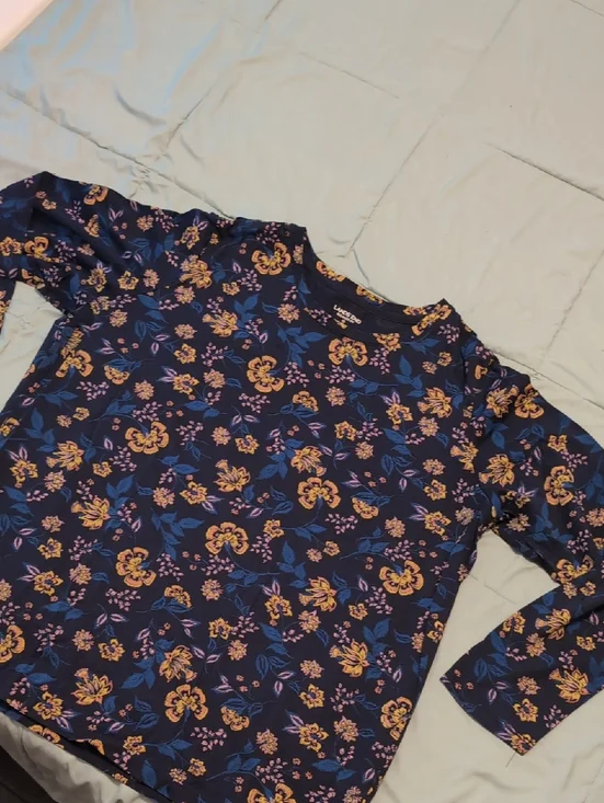 Lands' End Navy Long-Sleeve Floral Tee with Yellow Accents - Picture 1 of 7